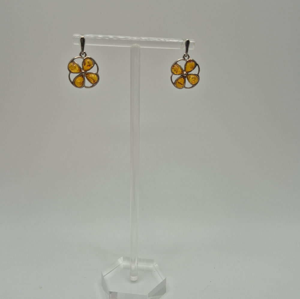 Beautiful STERLING Silver and Amber Drop Flower Earrings